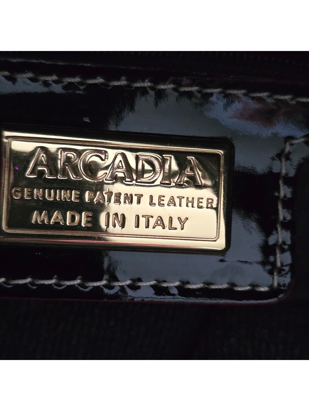 Arcadia Italy Black Patent Leather Embossed Logo Tote Handbag Gold Hardware - Picture 6 of 8